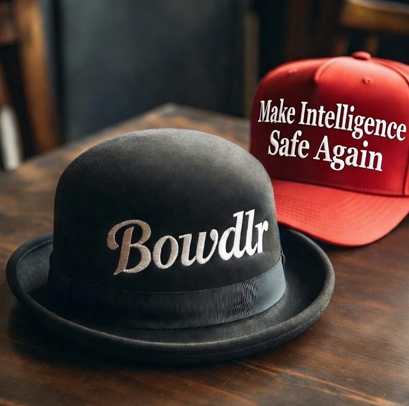 A black Bowdlr bowler hat beside a red cap reading Make Intelligence Safe Again